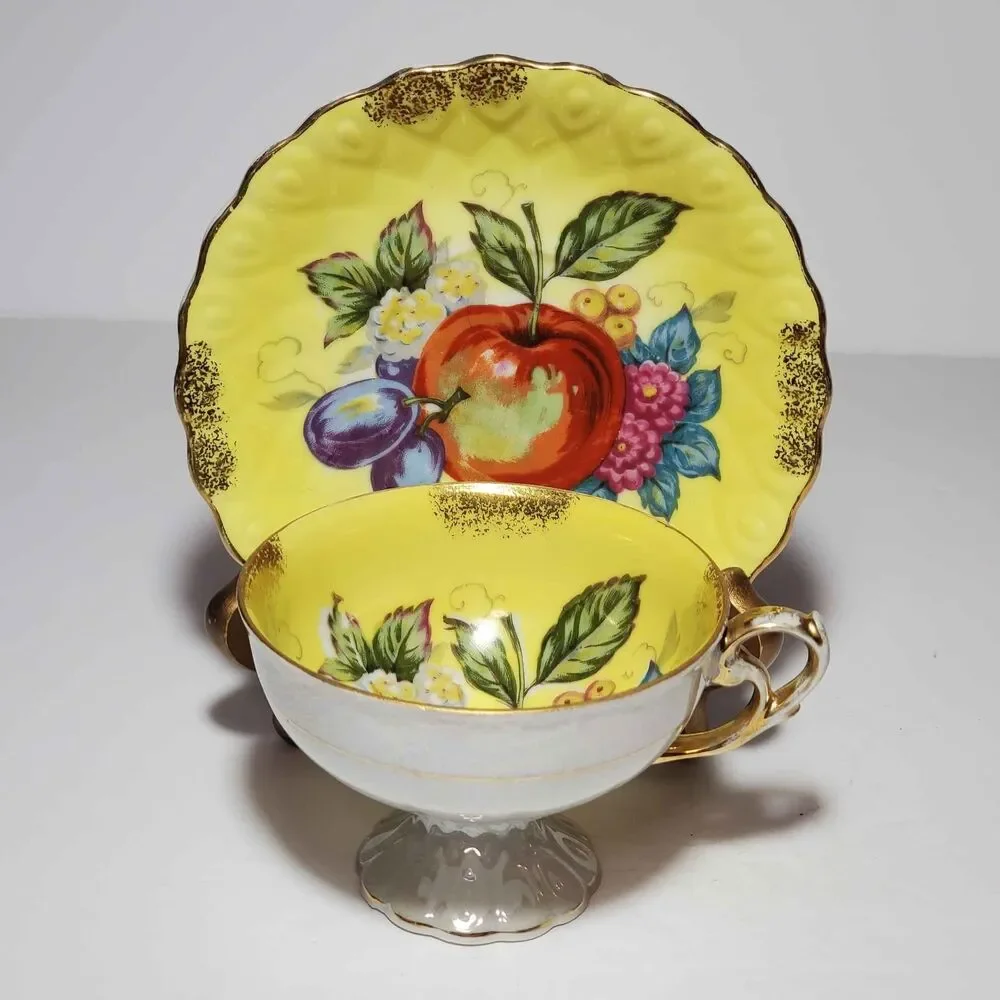 Vintage Teacup and Saucer Yellow Fruit Vintage